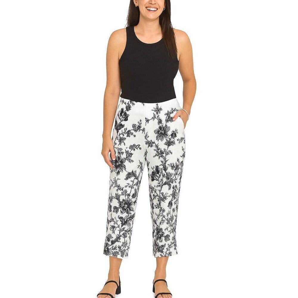 Like New Saks 5th Avenue Black Floral Toile White Linen Cropped Pants